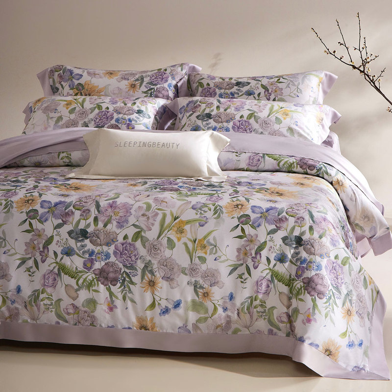 Imported 100-Count Lf Lenzing Tencel Four-Piece Floral Pastoral Duvet Cover Set, Silky Soft Lyocell Bedding 4