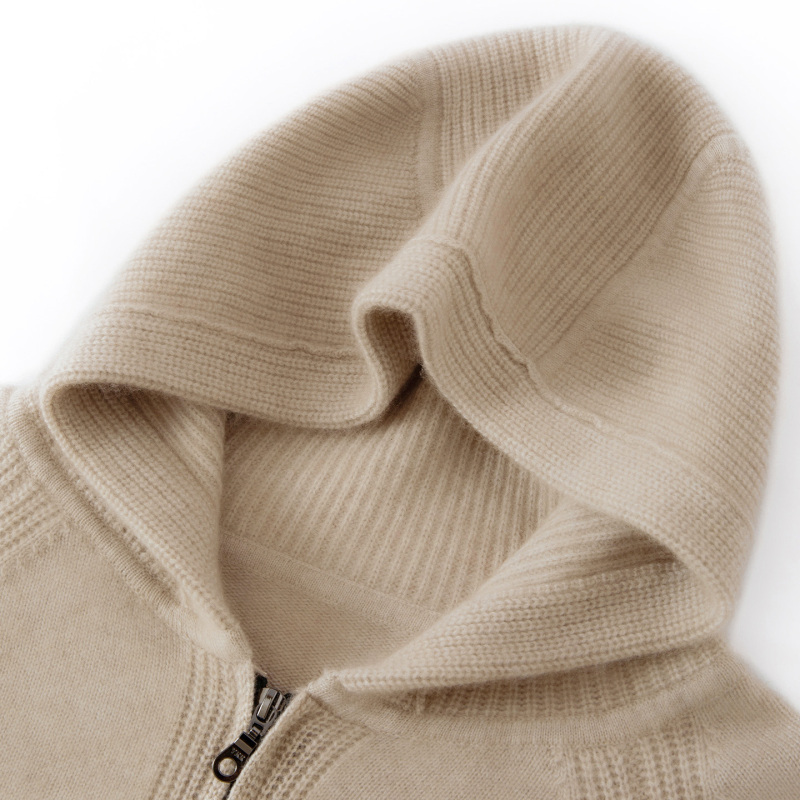 Light Luxury Lp Style Men's Seven-Needle Cashmere Cardigan Jacket with Hood, Cashmere Sweater with Hood, Knitted Zipper Jacket