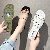 Hot sale 2019 summer women wear rivets crystal transparent flat net red out fashion cool slippers bag head drag