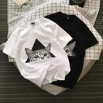 2019 Retro Hong Kong flavor bf cat triangle printing t-shirt men and women hundred tower short-sleeved Korean loose half-sleeve couple shirt