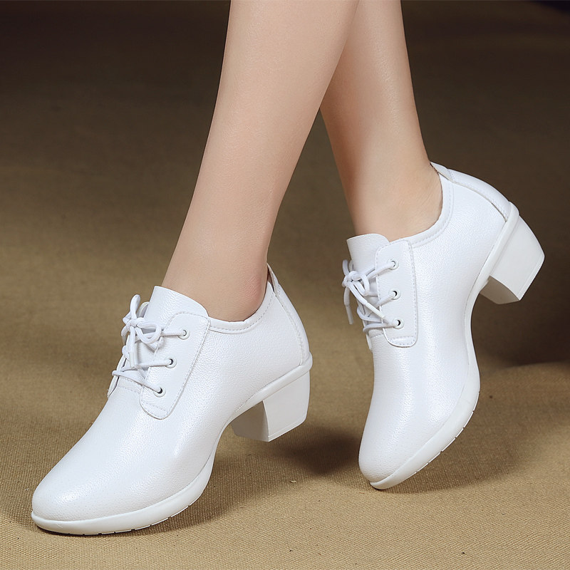 Shike Four Seasons Square Dancer's Shoes Middle Heel Sailor Dance Shoes White Adult Leather Fitness Dance Shoes Women's Soft Sole