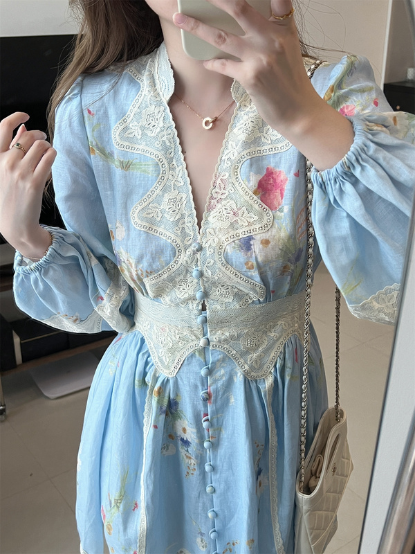 Blue Lace Spliced Linen Deep V-Neck Long-Sleeved Mini Dress