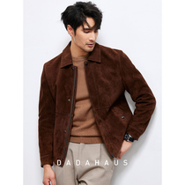 2024 Autumn Haining Genuine Leather Jacket Mens Suede Sheepskin Lapel Short Leather Jacket Retro Trendy Jacket