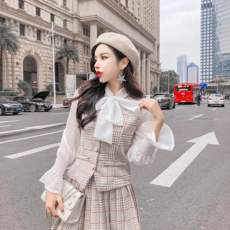 DABI 韓系蝴蝶結拼接百褶裙套裝長袖裙裝 DABI 韓系蝴蝶結拼接百褶裙套裝長袖裙裝