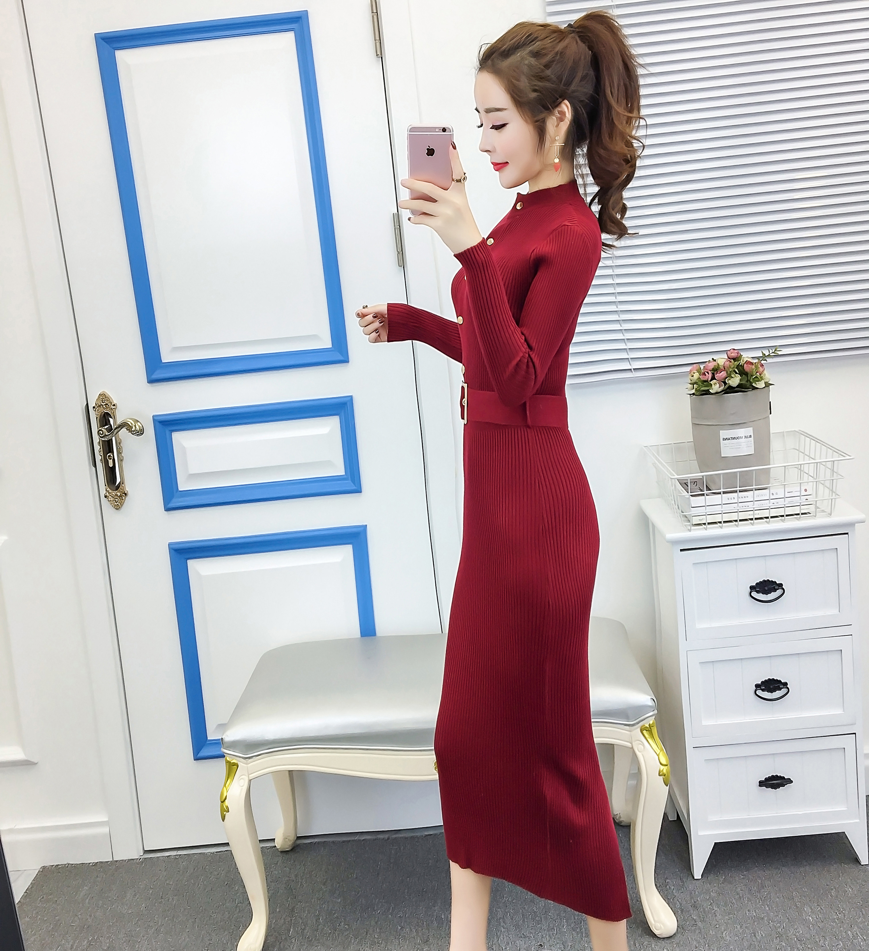 DABI 韓國風單排扣修身包臀純色長款針織長裙長袖洋裝