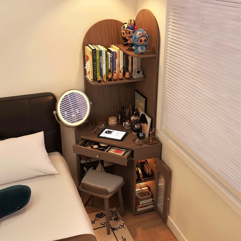 Corner Triangle Solid Wood Dressing Table for Small Bedroom, Corner Makeup Table with Storage Bookshelf