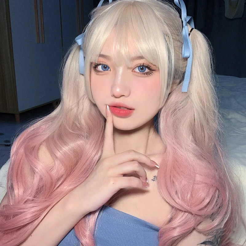 Wig woman summer long hair natural full headgear lolita wig styling colored long curly hair pink progressive wig cover