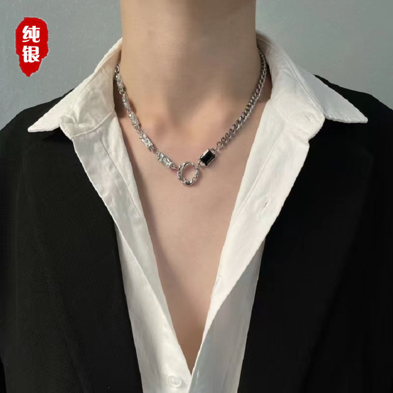 Pure silver irregular circular obsidian necklace male tide simple neutral cold wind high-sensing wind