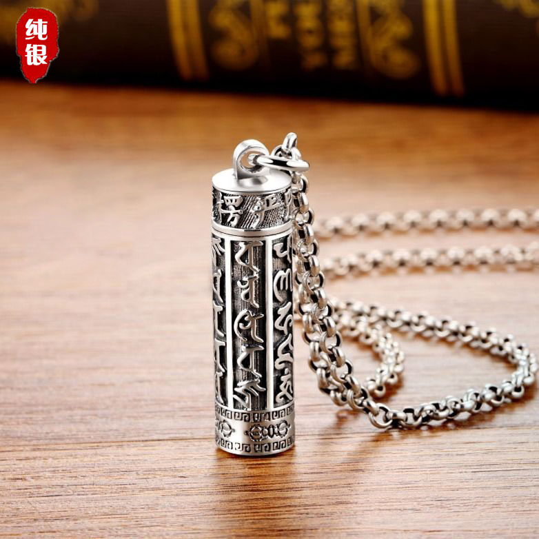 Lenght Mantra Pendant Necklace Men's Pure Silver Carry-on Hollow Can Open Heart Warp Pendant Female Retro Ben Life Hair Dressing Chain