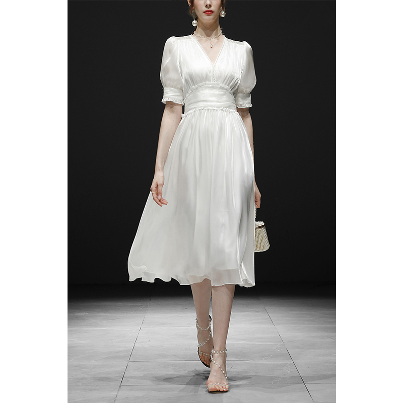 Summer white elegant dress, french style, V-neckline, with short sleeve