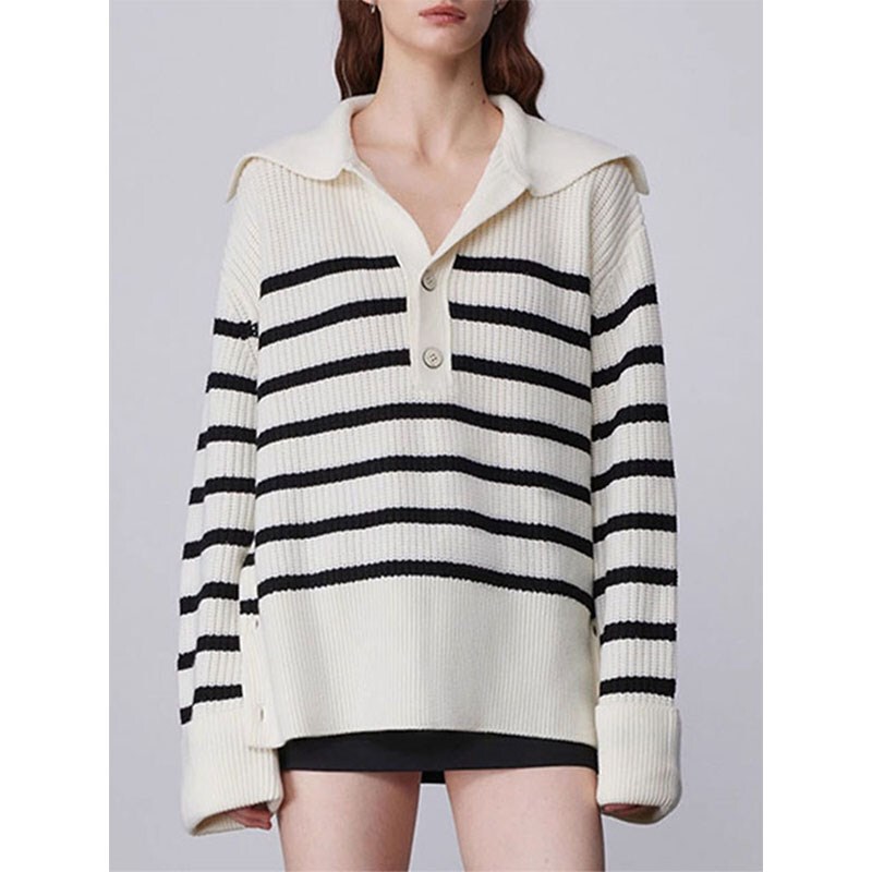Striped Half-Open Collar Pullover Knit Sweater for Women, Autumn and Winter, Lazy Style, Loose Fit, Large Lapel, Side-Slit Sweater, Vintage Top, Thick