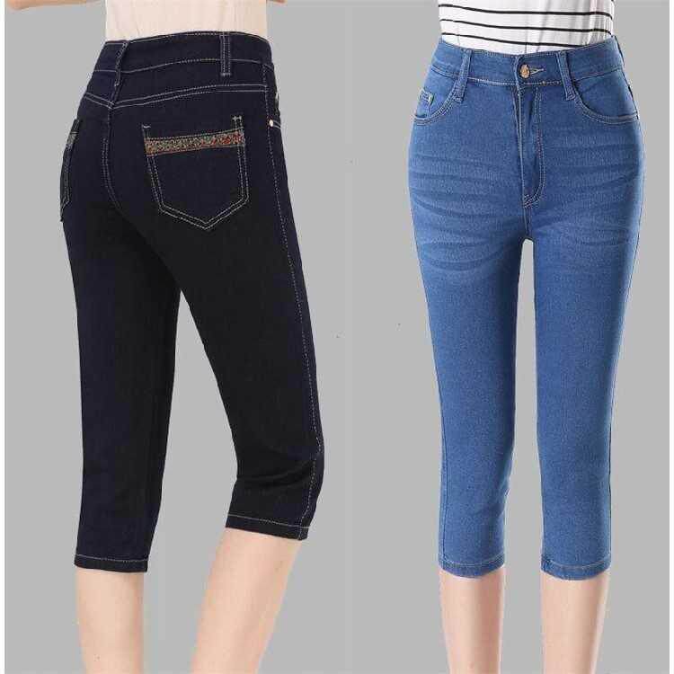 Summer thin elastic high waist middle-aged denim 7 Pants Women Fit big size 50% Pants Fit 7 Horsepants Loose mom clothes