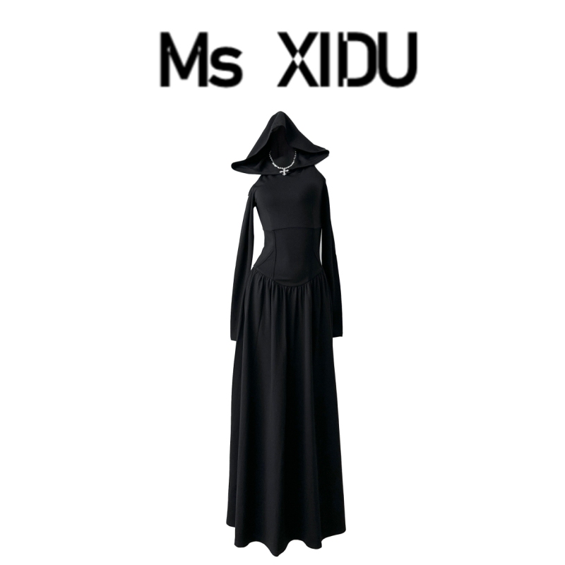 Ms Xidu Gothic Style Halloween Dark Wasteland Style Long-Sleeved Dress with Waist-Cinching Autumn and Winter Black Long Skirt