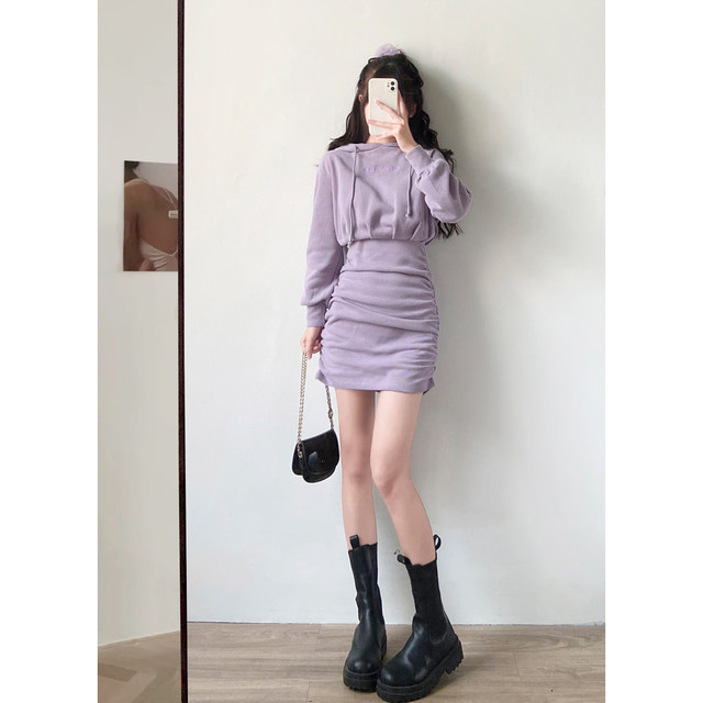 Spot autumn and winter purple hot girl hooded short skirt waist high waist was thin package hip skirt sweater dress women