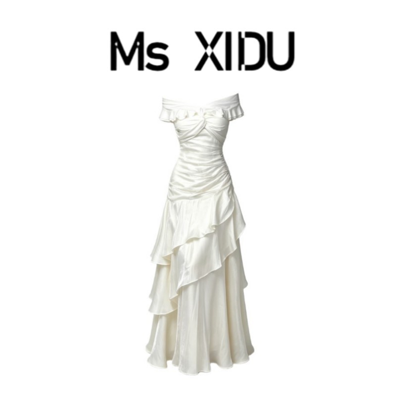 Ms Xidu French Gentle Style Off-Shoulder Ruffle Dress Women's Summer Princess Dress Birthday Waist-Cinching Long Dress