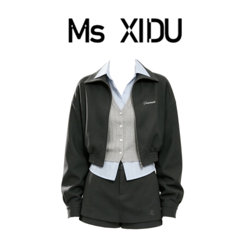 Ms Xidu Autumn Vintage Lapel Jacket Short Coat Fake Two-Piece Inner Top Half Skirt Bodycon Skirt Three-Piece Set