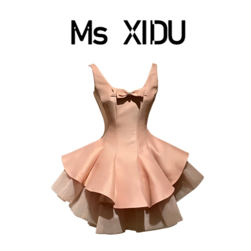 Ms. XIDU「バレエピンクスワン」スウィートプリンセススタイル エレガントなウエストシェイプメッシュカラーブロックAラインドレス（夏用）