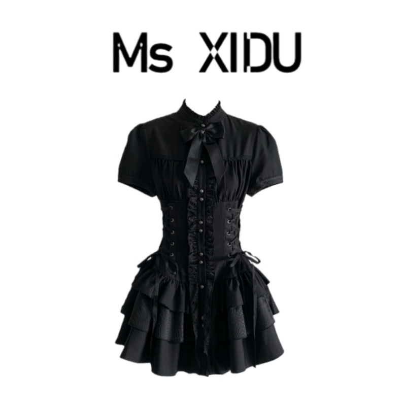 Ms Xidu Original Design Gothic Style Retro Summer Dark Elegant Waist-Cinching Lace Puffy Dress Ms Xidu Original Design Gothic Style Retro Summer Dark Elegant Waist-Cinching Lace Puffy Dress