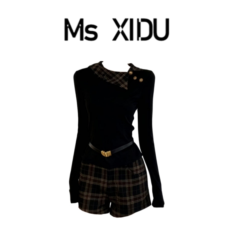 Ms Xidu Long-Sleeved Knit Sweater for Women, Autumn and Winter, Fake Two-Piece Inner Layer, Base Shirt, Old Money Style Short Top