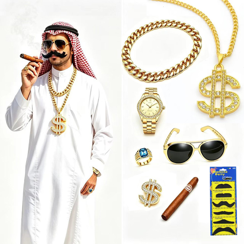 Alabadi Rich Man Costume White Robe Headscarf Halloween Cosplay Costume for Middle-Aged Men Party Props Alabadi Rich Man Costume White Robe Headscarf Halloween Cosplay Costume for Middle-Aged Men Party Props