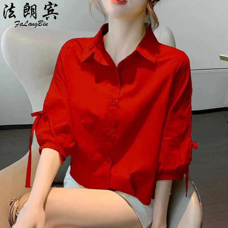 Spring and Summer Fashion New Versatile Women's Short Pure Cotton Top with Unique Design, Niche Bow Mid-Sleeve Chiffon Shirt Spring and Summer Fashion New Versatile Women's Short Pure Cotton Top with Unique Design, Niche Bow Mid-Sleeve Chiffon Shirt