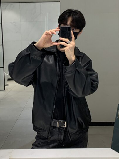 Lapel motorcycle leather jacket for men spring and autumn new Korean style trendy and handsome Hong Kong style retro versatile leather jacket top coat