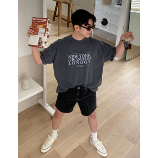 Short-Sleeved Men's Hong Kong Style ins Casual Retro Washed T-Shirt Summer Trendy Fashion Simple Solid Color Versatile Half-Sleeve Top