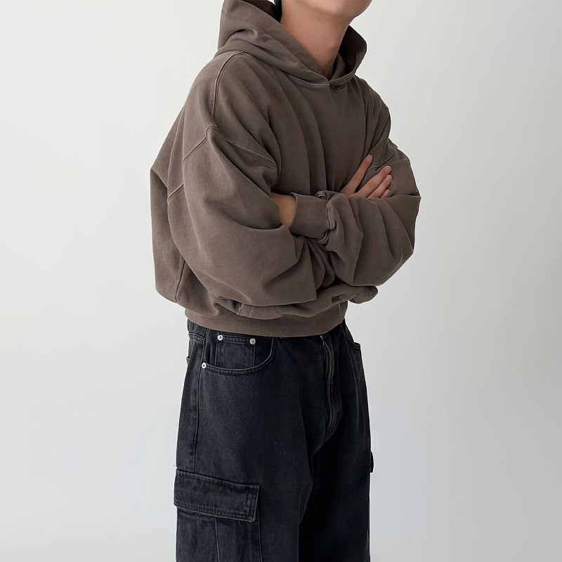 Brown Short Hooded Sweatshirt for Men, Spring and Autumn, Japanese Retro Style, Heavy-Duty Top, Jacket, Distressed Pullover Hoodie