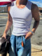 White round neck threaded sleeveless vest for men 2026 summer American elastic fitness sports T-shirt bottoming sweat vest