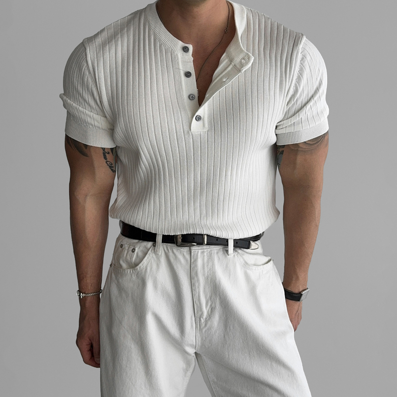 Ribbed Knit Henley Shirt Short-Sleeve Men's Summer American Tough Guy Style Trendy Shoulder T-Shirt with Cuffed Sleeves
