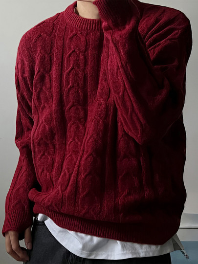Men's Red Cable Knit Sweater for the Year of Birth, Spring and Autumn, Light Luxury Round Neck Sweater, Fine Imitation Wool Sweater Jacket