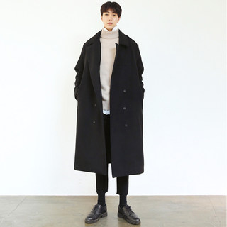 Black Woolen Coat for Men, Winter Thickened Mid-Length Double-Sided Woolen Trench Coat, Non-Cashmere British Style Woolen Jacket
