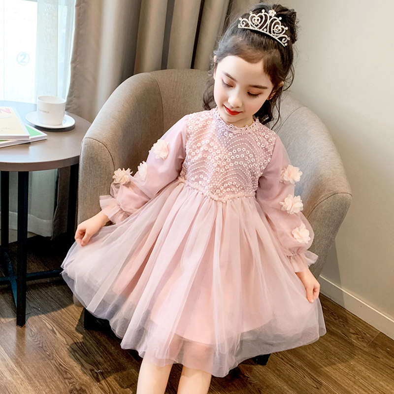 Girls long-sleeved dress 2022 new children's gauze skirt spring and autumn skirt girl Western style fairy princess skirt winter