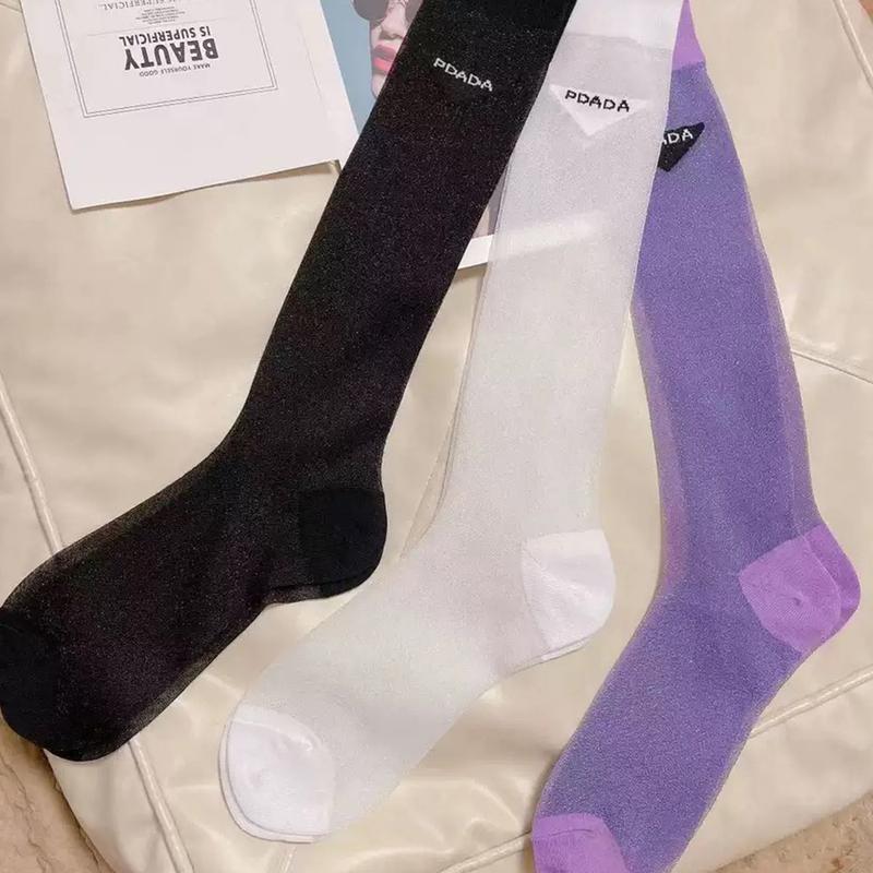 Black P Letter Socks for Women, European Style Crystal Socks, Thin Transparent Calf Stockings, Trendy Outerwear Catwalk Style