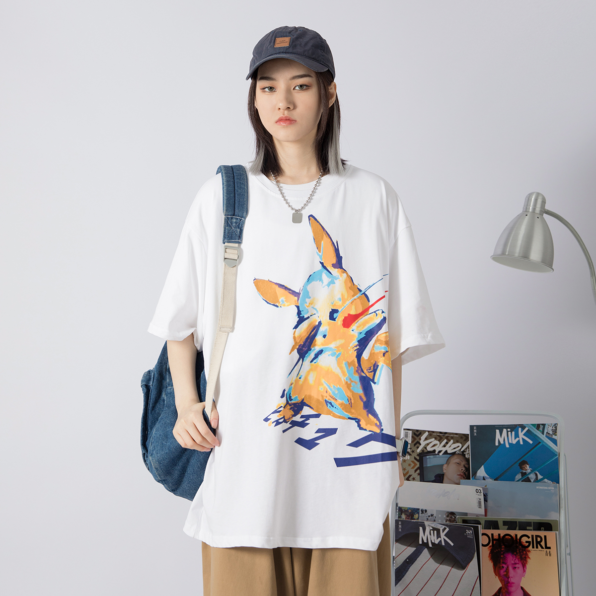 D9 second short sleeve T-shirt female Korean version of loose 2021 new summer pikachu oversize cotton half sleeve jacket