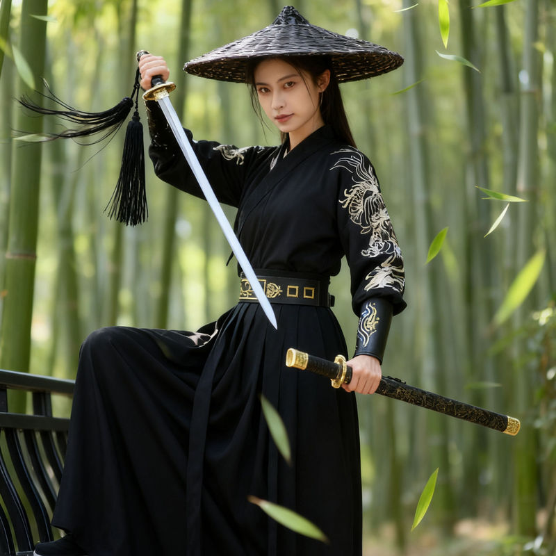 Original Ming-Style Chinese-Style Black Embroidered Dragon Pattern Cross-Collar Hanfu, Suitable for Both Men and Women, Women's Ancient Style Swordsman Outfit