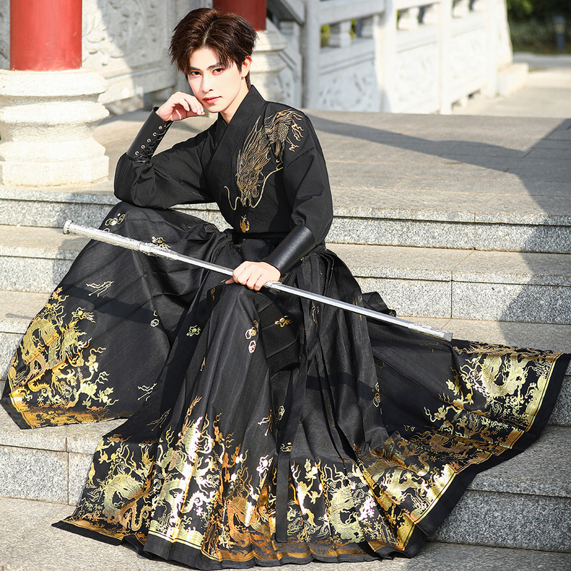 Embroidered Dragon Pattern Top with Gold Stamping Mamian Skirt New Chinese Style Domineering Black and Gold Men's Hanfu Ancient Style Martial Arts Suit for Autumn