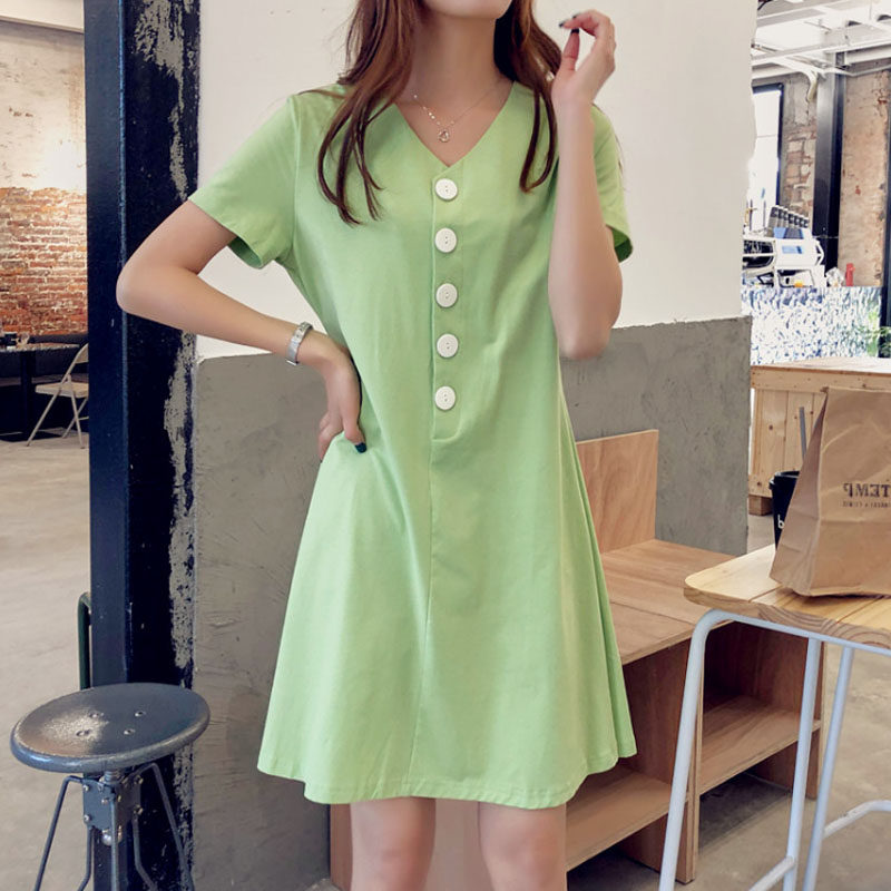 Plus size summer new fat sister button simple V-neck dress loose and thin cover belly mid-length bottoming