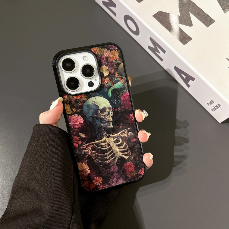 Skull Floral 3D Skeleton Art Metal Magsafe Kickstand iPhone Case