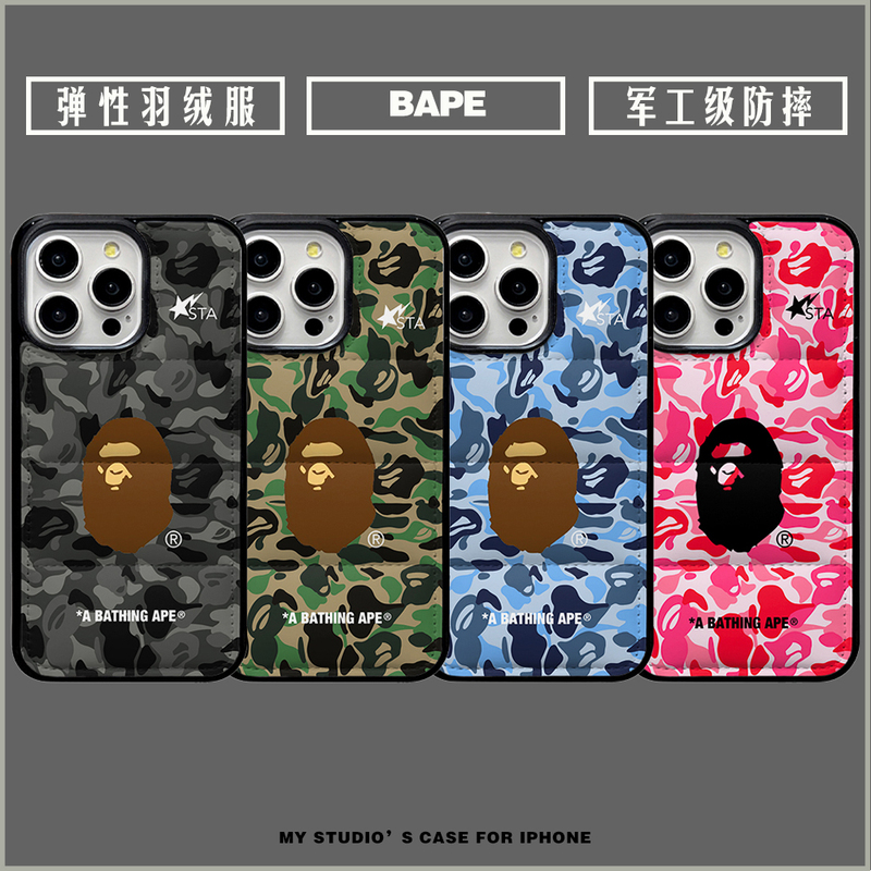 European and American Trendy Brand Bape Ape Head Suitable for Apple 17Promax down Jacket Phone Case Couple Fashion Unisex Iphone16Pro High-End 154 Cotton-Filled Air Cushion Full-Cover Anti-Drop Protective Case