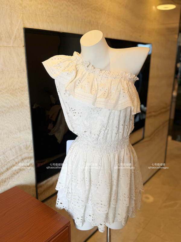 French-Style Romantic One-Shoulder Hollow-Out Embroidered Dress, White Ruffled Waist-Cinching Holiday-Style Short Dress French-Style Romantic One-Shoulder Hollow-Out Embroidered Dress, White Ruffled Waist-Cinching Holiday-Style Short Dress