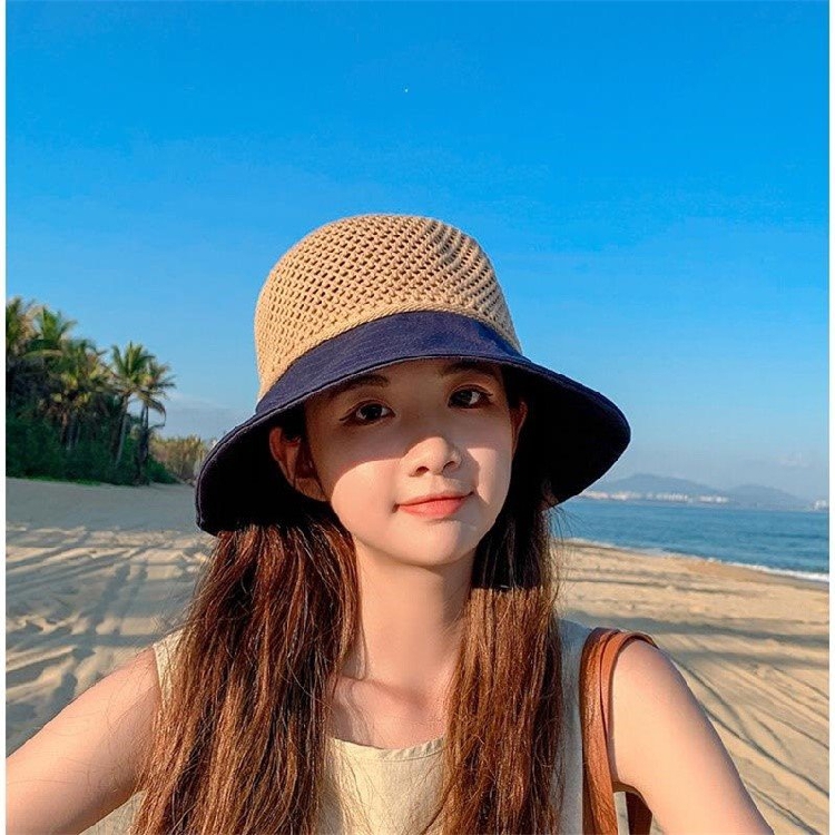 Zhao Ruth with the same shading cap 2021 Summer out of the sun hat hollowed-out butterfly knot fisherman hat knit straw hat-Taobao