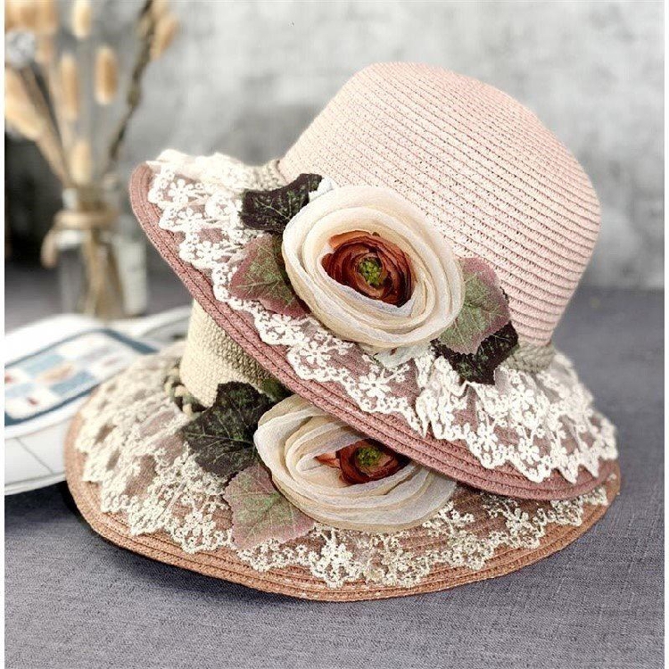 Rose lace straw hat female summer fresh field out sun-protected sun hat Han Edition Young Bao beach hat