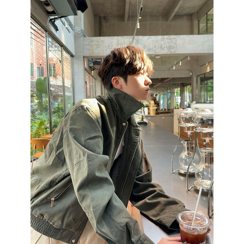 Dig1 Club【Autumn Green Afterglow】Vintage Style Washed Workwear Jacket for Men, Loose and Versatile Outerwear for Autumn and Winter, Trendy
