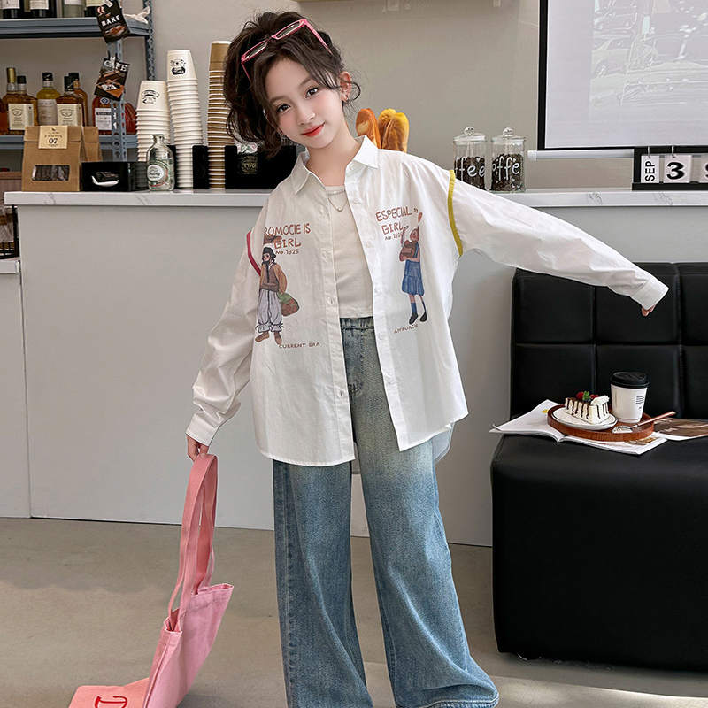 Pure Cotton Shirts for Girls and Boys, Spring Clothes, Fashionable and Stylish 2024 New Style Girls Cartoon Print Casual Korean Style Shirts Trend