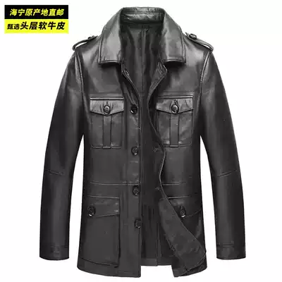Haining leather leather clothing men's head layer cowhide motorcycle leather jacket lapel retro hunting Korean version handsome slim
