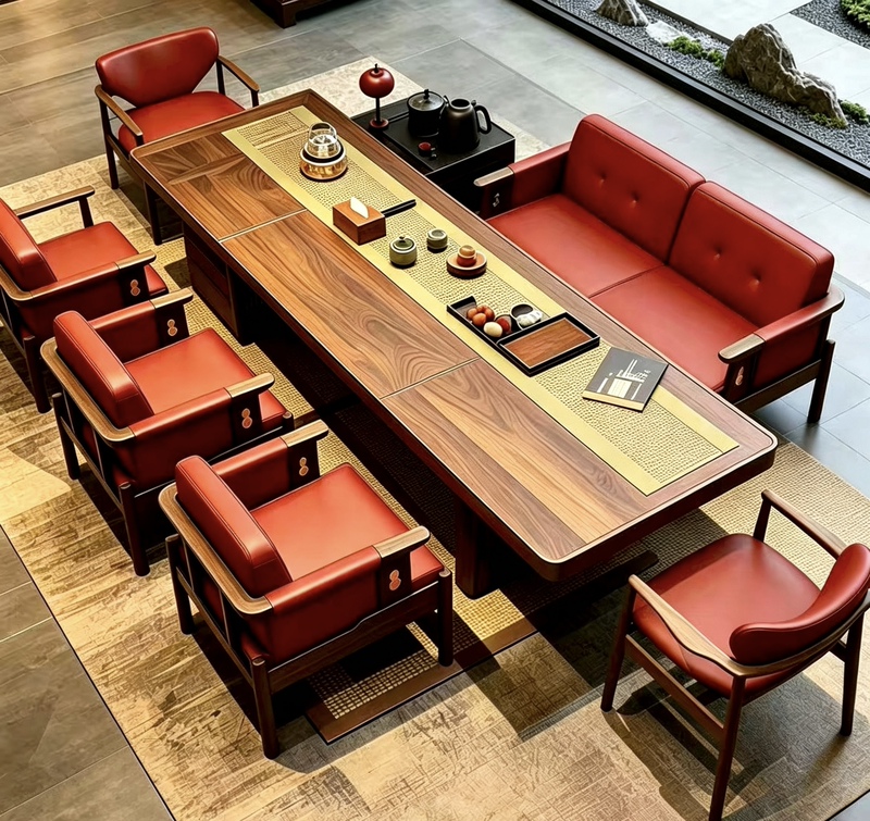 Song-Style Aesthetic Solid Wood Tea Table and Chair Set for Home and Office, High-End Black Walnut Tea Table, Simple Tea Brewing Table