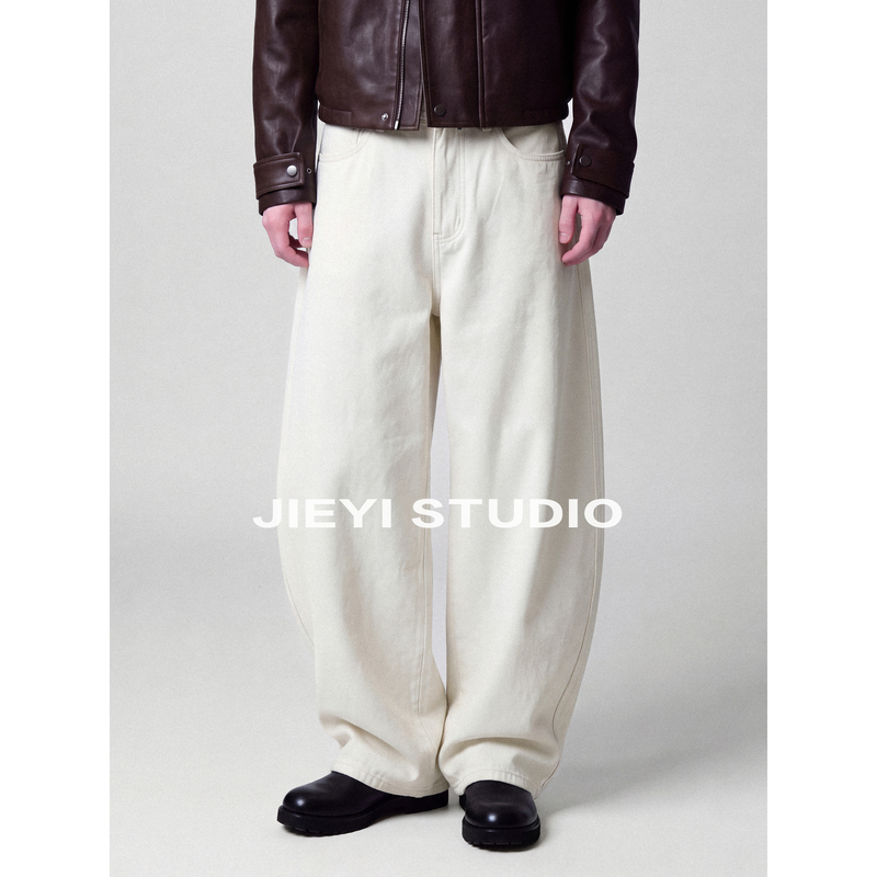 Jieyi 【Twill Texture White Denim with Slight Curve】A-Line Double-Layer Fabric High Street Washed Cotton Wide-Leg Jeans Jieyi 【Twill Texture White Denim with Slight Curve】A-Line Double-Layer Fabric High Street Washed Cotton Wide-Leg Jeans