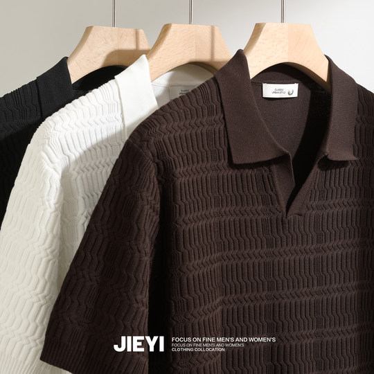 JIEYI breathable ice silk casual knitted POLO shirt comfortable lapel light mature style men's short-sleeved Paul top trendy