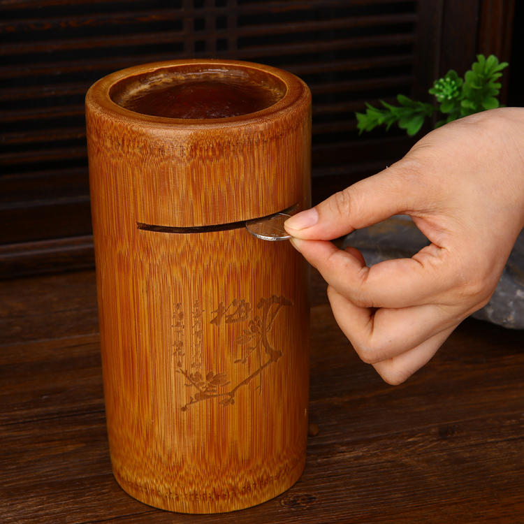 Natural bamboo solid wood drop-resistant change jar coin piggy bank retro handicraft decoration piggy bank only in and out